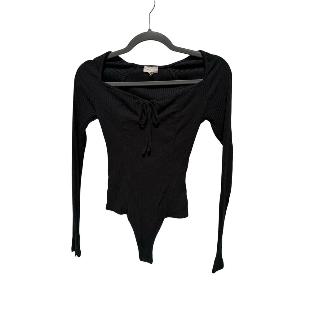 Aerie Bodysuit Women's XS Black Long Sleeve Ribbed Cutout Tie Front